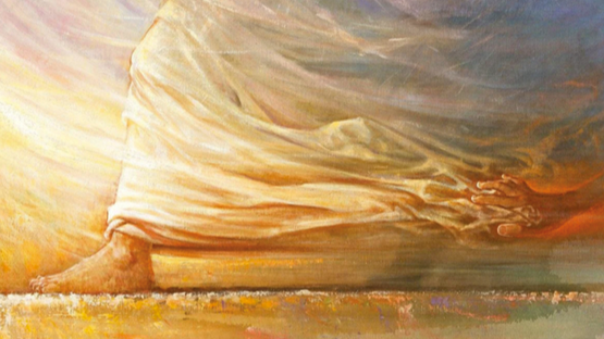 a painting of the feet and flowing robes of someone walking quickly while a hand tries to grasp the edge of the robe
